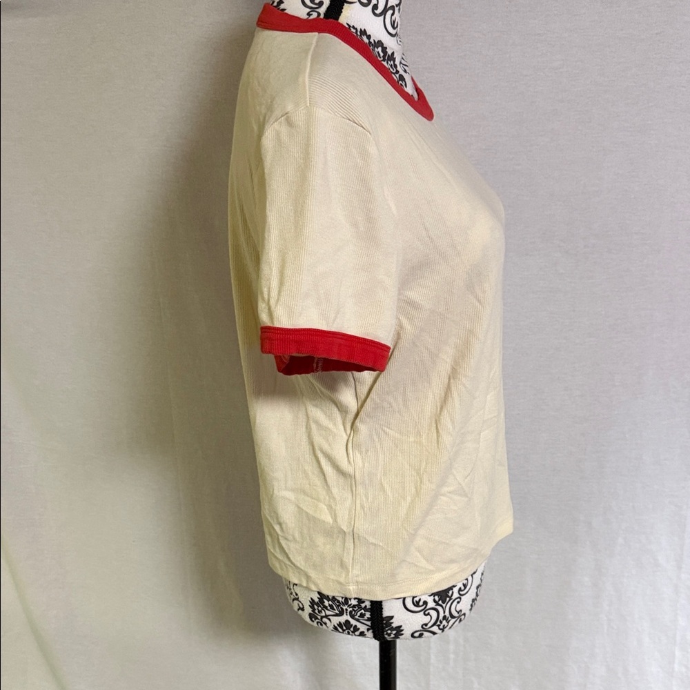 Marine Layer Lexi Rib Sun In Crewneck Ringer Tee in Cream and Hibiscus Red trim - Picture 3 of 11
